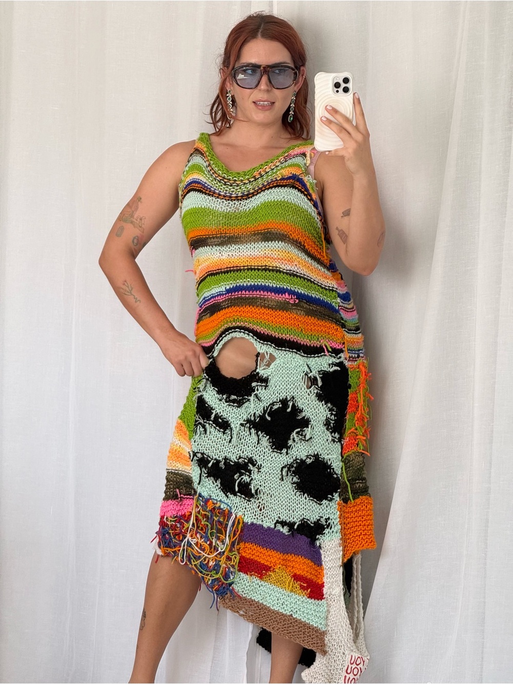 Handmade Multicolor Patchwork Knit Skirt - Green Accent